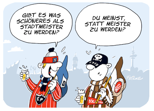 Cartoon: HSV FCSP Stadtmeister (medium) by FEICKE tagged hamburg,derby,bundesliga,zwei,verein,hsv,sportverein,fc,sankt,pauli,fussball,fußball,hamburg,derby,bundesliga,zwei,verein,hsv,sportverein,fc,sankt,pauli,fussball,fußball