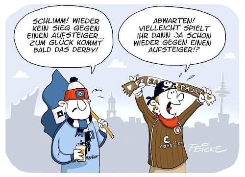 Cartoon: HSV gegen Aufsteiger (medium) by FEICKE tagged hamburg,bundesliga,zwei,verein,hsv,sportverein,fc,sankt,pauli,fussball,fußball,dfl,dfb,aufstieg,fans,hamburg,bundesliga,zwei,verein,hsv,sportverein,fc,sankt,pauli,fussball,fußball,dfl,dfb,aufstieg,fans