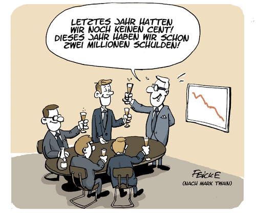 Cartoon: Jahresabschluss (medium) by FEICKE tagged bilanz,unternehmen,business,geschäft,abschluss,schulden,cent,geld,einnahmen,mark,twain,zitat,bilanz,unternehmen,business,geschäft,abschluss,schulden,cent,geld,einnahmen,mark,twain,zitat