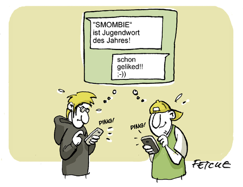 Cartoon: Jugendwort des Jahres (medium) by FEICKE tagged jugend,wort,jugendwort,sprache,kind,medien,handy,zombie,smombie,nerd,alter,wörter,duden,jugend,wort,jugendwort,sprache,kind,medien,handy,zombie,smombie,nerd,alter,wörter,duden