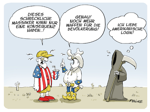 Cartoon: Konsequenzen nach Vegas (medium) by FEICKE tagged usa,waffen,bevölkerung,massaker,attentat,las,vegas,nra,cowboys,tod,trauer,logik,usa,waffen,bevölkerung,massaker,attentat,las,vegas,nra,cowboys,tod,trauer,logik