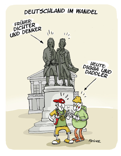 Cartoon: Land von Goethe und Chiller (medium) by FEICKE tagged jugend,kultur,goethe,schiller,chiller,daddeln,digga,medien,konsum,literatur,buch,lesen,handy,tablet,neue,jugend,kultur,goethe,schiller,chiller,daddeln,digga,medien,konsum,literatur,buch,lesen,handy,tablet,neue