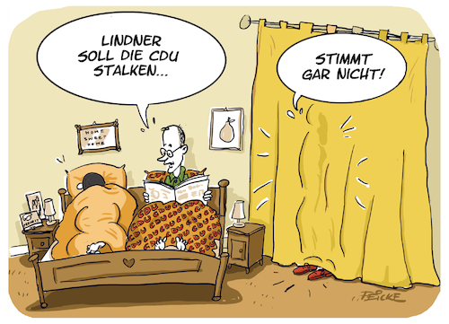 Cartoon: Lindner CDU Stalking (medium) by FEICKE tagged fdp,cdu,lindner,merz,stalking,wahlkampf,union,roth,fdp,cdu,lindner,merz,stalking,wahlkampf,union,roth