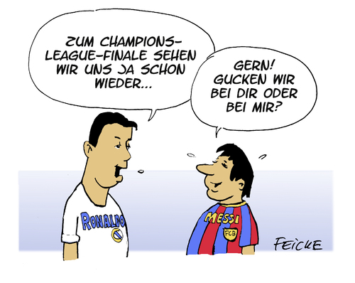 Cartoon: Messi vs Ronaldo (medium) by FEICKE tagged fussball,champions,league,halbfinal,finale,fc,barcelona,real,madrid,bayern,münchen,borussia,dortmund,messi,ronaldo,fussball,champions,league,halbfinal,finale,fc,barcelona,real,madrid,bayern,münchen,borussia,dortmund,messi,ronaldo