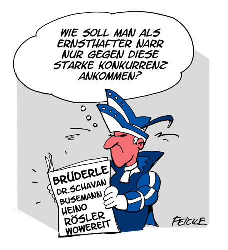 Cartoon: Narrenkonkurrenz (medium) by FEICKE tagged karneval,witze,humor,skandale,politiker,narr,büttenrede,brüderle,rösler,schavan,heino,wowereit,karneval,witze,humor,skandale,politiker,narr,büttenrede,brüderle,rösler,schavan,heino,wowereit