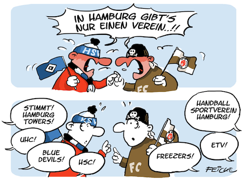 Cartoon: Nur einen Verein (medium) by FEICKE tagged hamburg,fc,st,pauli,hsv,sportverein,fußball,fussball,derby,bundesliga,spiel,verein,sport,handball,basketball,wasserball,damen,etv,uhc,hockey,american,football,blue,devils,hamburg,fc,st,pauli,hsv,sportverein,fußball,fussball,derby,bundesliga,spiel,verein,sport,handball,basketball,wasserball,damen,etv,uhc,hockey,american,football,blue,devils