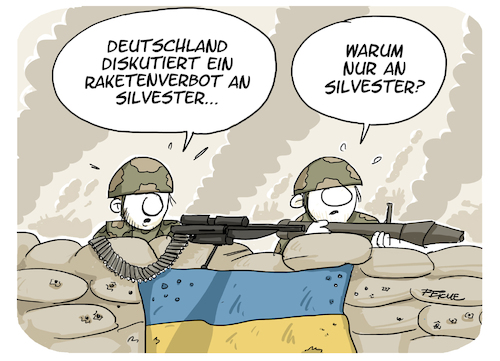 Cartoon: Raketenverbot (medium) by FEICKE tagged ukraine,russland,krieg,umwelt,klima,silvester,rakete,deutschland,raketenverbot,böller,verbot,ukraine,russland,krieg,umwelt,klima,silvester,rakete,deutschland,raketenverbot,böller,verbot