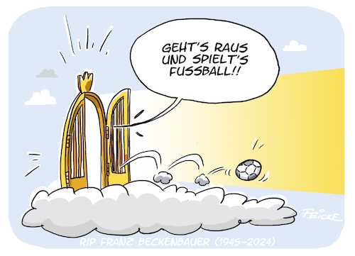 Cartoon: RIP Beckenbauer (medium) by FEICKE tagged kaiser,franz,beckenbauer,fussball,spieler,legende,trainer,weltmeister,fc,bayern,hsv,kaiser,franz,beckenbauer,fussball,spieler,legende,trainer,weltmeister,fc,bayern,hsv