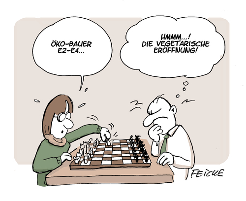 Cartoon: Schach den Veganern (medium) by FEICKE tagged schach,eröffnung,start,brett,spiel,venezianisch,vegetarisch,vegan,gemüse,gesund,gesundheit,ernährung,bio,bauer,ökologie,öko,schach,eröffnung,start,brett,spiel,venezianisch,vegetarisch,vegan,gemüse,gesund,gesundheit,ernährung,bio,bauer,ökologie,öko