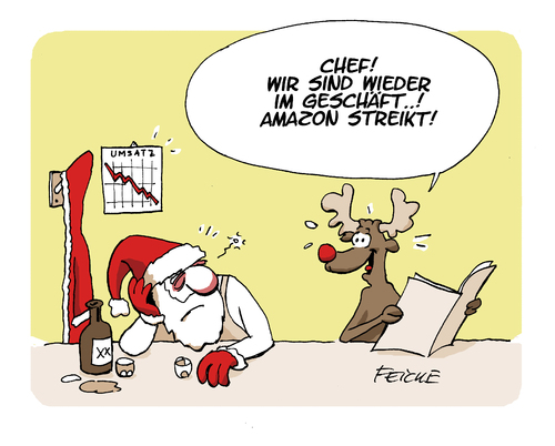 Cartoon: Wenn Amazon streikt (medium) by FEICKE tagged weihnachten,paket,amazon,streik,weihnachtsmann,renntier,rudolph,umsatz,misere,bilanz,rückgang,depression,geschenk,weihnachten,paket,amazon,streik,weihnachtsmann,renntier,rudolph,umsatz,misere,bilanz,rückgang,depression,geschenk