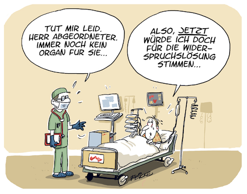 Cartoon: Widerspruchslösung neuer Versuch (medium) by FEICKE tagged hamburger,bürgerschaft,abgeordnete,budestag,medizin,organ,organspende,gesundheit,politik,widerspruchslösung,niere,leber,herz,hamburger,bürgerschaft,abgeordnete,budestag,medizin,organ,organspende,gesundheit,politik,widerspruchslösung,niere,leber,herz