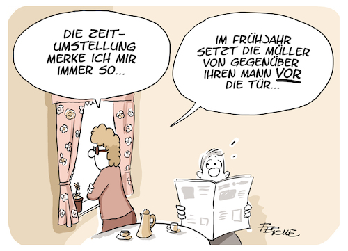 Cartoon: Zeitumstellung merken (medium) by FEICKE tagged zeit,uhr,unstellung,sommerzeit,winterzeit,nachbarn,zeit,uhr,unstellung,sommerzeit,winterzeit,nachbarn