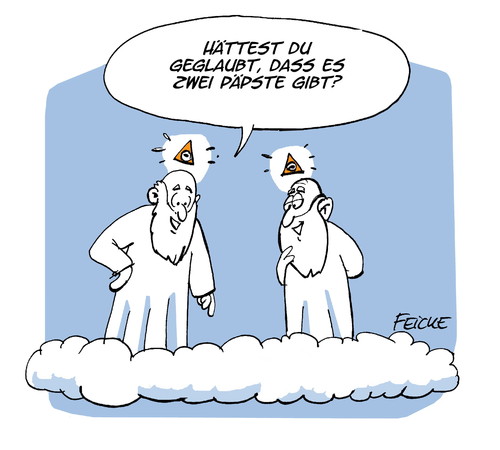 Cartoon: Zwei Päpste (medium) by FEICKE tagged benedikt,xvi,franziskus,papst,castel,gandolfe,treffen,religion,christen,gott,götter,päpste,rom,vatikan,kurie,kardinal,wahl,alt,neu,benedikt,xvi,franziskus,papst,castel,gandolfe,treffen,religion,christen,gott,götter,päpste,rom,vatikan,kurie,kardinal,wahl,alt,neu