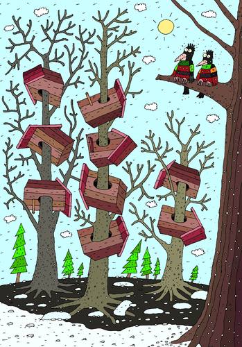 Cartoon: bird houses (medium) by Sergei Belozerov tagged homeless,nature,forest,spring,houses,bird