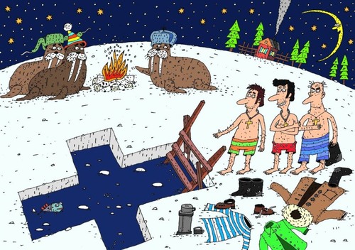 Cartoon: die Taufe (medium) by Sergei Belozerov tagged eisloch,taufe,walrus