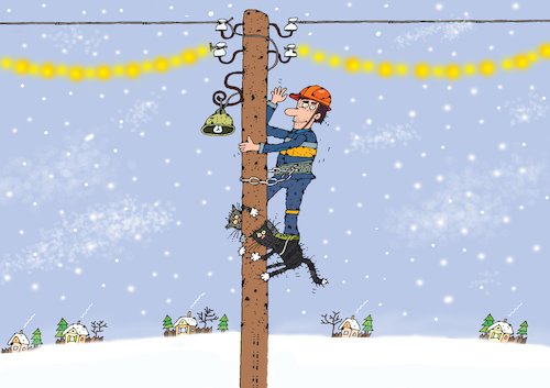Cartoon: Elektriker (medium) by Sergei Belozerov tagged elektriker,girlande,garland,schmuck,beleuchtung,licht,strom,steigeisen,katze,krallen,weihnachten,christmas,cats
