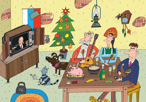 Cartoon: Happy Russian New Year (medium) by Sergei Belozerov tagged russia,putin,tv,2020,balalaika,holiday,party,family,tradition,food,christmas,moscow
