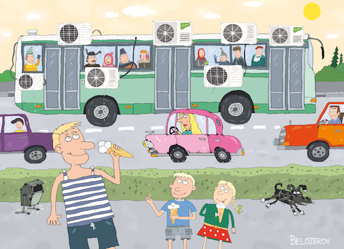 Cartoon: Hitze (medium) by Sergei Belozerov tagged klima,klimakontrolle,klimaanlage,klimatechnik,luftkonditionierung,kühlen,verkehrsmittel,bus,klimakrise,hitze,klimawandel,transport,eis,kalt