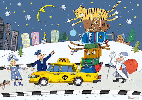 Cartoon: Jahr des Tigers (medium) by Sergei Belozerov tagged tiger,sternzeichen,2022,neujahr,newyear,taxi,auto,wagen,car,geschenk,gift,tigre,katze,santa,dedmoroz