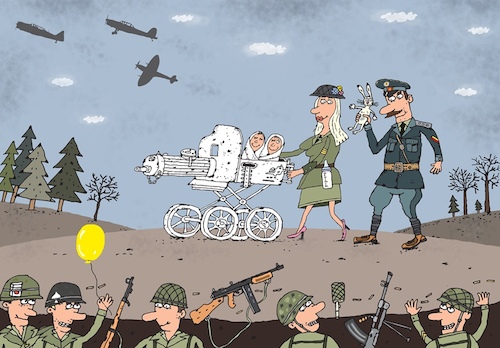 Cartoon: Make love not war (medium) by Sergei Belozerov tagged war,krieg,victory,soldier,soldaten,machine,gun,rifle,troops,platoon,conflict,usa,marines,love,family,children,newborn