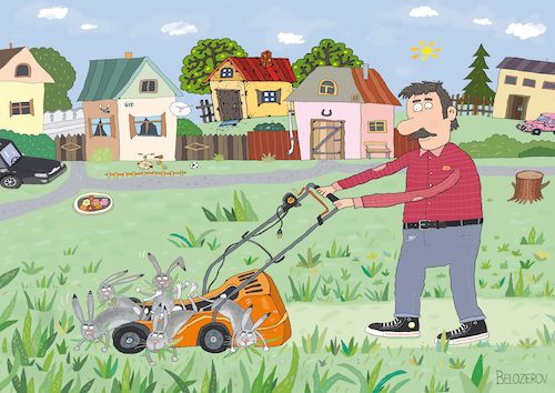 Cartoon: Rasenmäher (medium) by Sergei Belozerov tagged rasenmäher,grasmäher,grass,garten,hase,kaninchen,rasen,elektrizität