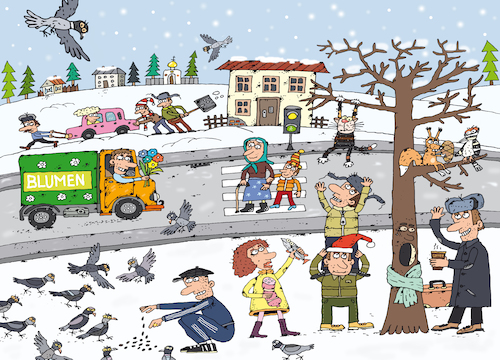 Cartoon: Wintertag (medium) by Sergei Belozerov tagged winter,schnee,blumen,kaffee,kaffeetrinken,katze,snow,cat,coffee,flowers,tauben,birds