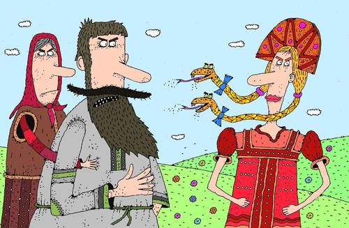 Cartoon: Zöpfe (medium) by Sergei Belozerov tagged zopf,haare,hair,schlange,snake,eltrern,parents