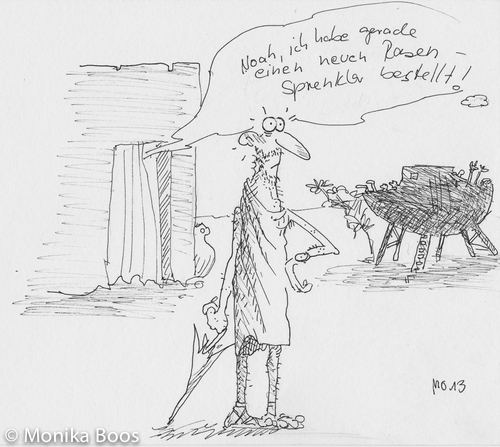 Cartoon: Rasensprenkler (medium) by monika boos tagged noah,frau,bestellen,beziehung,regen,sinflut