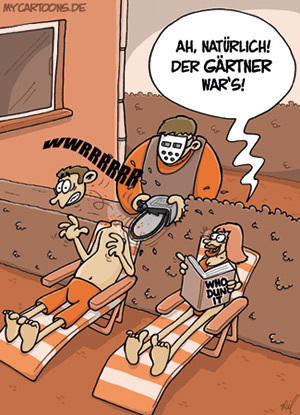 Cartoon: Garten Slasher (medium) by mil tagged gärtner,garten,slasher,hecke,trimmen,kettensäge,killer,mörder,krimi,buch,auflösung