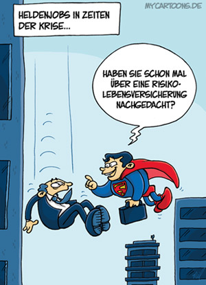 Cartoon: Heldenkrise (medium) by mil tagged krise,finanzkrise,wirtschaftskrise,chance,job,gelegenheit,superman,superheld,held,fall,versicherung,risiko,lebensversicherung,vertrag,abschluss,vertreter,abgesichert,tod