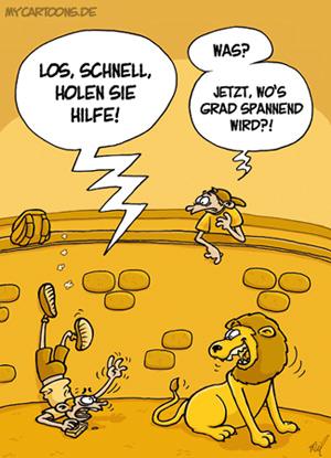 Cartoon: Naturschauspiel (medium) by mil tagged zoo,löwe,futter,unfall,problem,spannung,tier,schauspiel,natur,fütterung,beute,raubtier,schaulustig,hilfe,spektakel