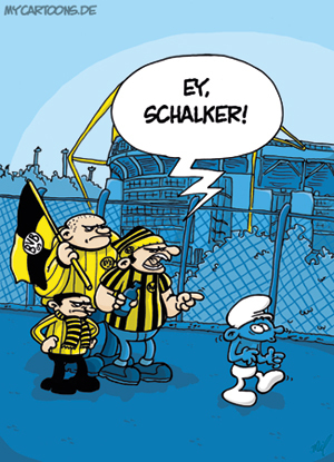 Cartoon: Schalker (medium) by mil tagged bvb,dortmund,schalke,westfalenstadion,fußball,fans,ärger,revierderby,ruhrpott,schlumpf,verwechslung
