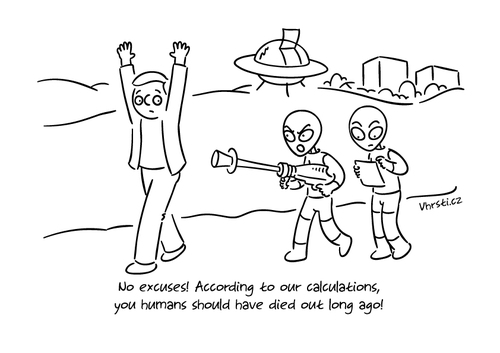 Cartoon: No excuses! (medium) by Vhrsti tagged alien,ufo,attack,human,humans,gun,scifi,universe,planet,earth