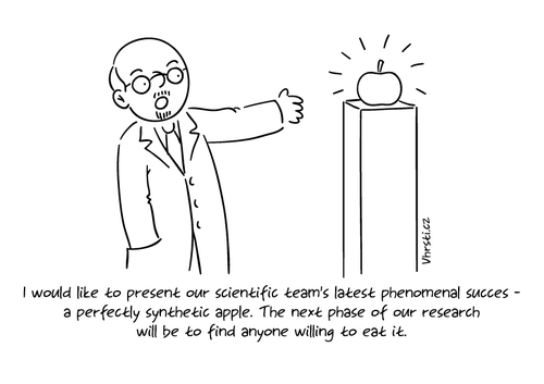 Cartoon: Synthetic Apple (medium) by Vhrsti tagged succes,science,scientist,apple,synthetic,food,fruit,chemistry