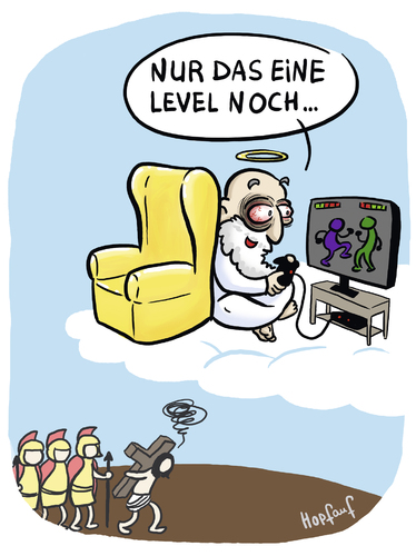 Cartoon: Level (medium) by Hopfauf tagged level,jesus,gott,game,spielen,konsole,kreuzigung,kreuz,sucht,süchtig,religion,videospiele