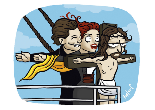 Cartoon: my heart will go on (medium) by Hopfauf tagged jesus,titanic,leonardo,dicaprio,kate,winslet,kreuz,religion,albern,schiff,song,paar,romantisch,romantik,film,movie