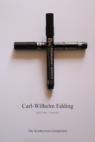 Cartoon: Carl-Wilhelm Edding (medium) by Erwin Pischel tagged edding,unternehmer,konzern,filzstift,filzschreiber,stift,markenname,textmarker,schreibstift,schreibwaren,tusche,farbe,textsurfer,markierung,produkt,nachname,kondolieren,kondolenz,konkurrenz,tod,todesanzeige,pischel