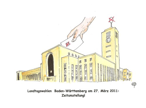 Cartoon: Landtagswahl  BW (medium) by Erwin Pischel tagged wahlzettel,stimmzettel,wahlurne,bw,wahlen,mappus,bonatz,kopfbahnhof,hauptbahnhof,stuttgart21,21,stuttgart,württemberg,baden,landtagswahl,pischel