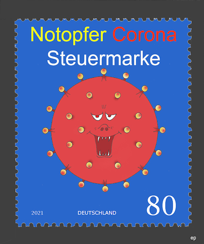 Cartoon: Notopfer Corona Steuermarke (medium) by Erwin Pischel tagged notopfer,briefmarke,corona,deutschland,postwertzeichen,postporto,porto,michelkatalog,postsendung,berlinblockade,berlin,blockade,westberlin,brief,postkarte,wirtschaft,not,verschuldung,staat,wirtschaftsministerium,sarc,covid,virus,spike,protein,pandemie,epidemie,schulden,staatsverschuldung,milliarden,euro,cent,pischel,kredit