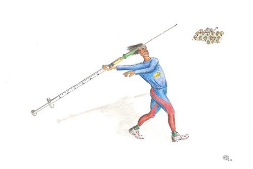 Cartoon: Speerwerfer (medium) by Erwin Pischel tagged speer,javelin,speerwerfer,doping,spritze,kanüle,impfung,pischel