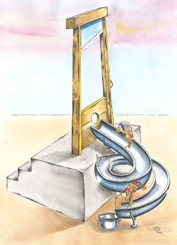 Cartoon: The show must go on (medium) by Erwin Pischel tagged pischel,todesstrafe,hinrichtungsstätte,schafott,fallbeil,guillotine