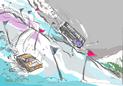 Cartoon: bus and taxi style of driving (medium) by kolle tagged jumping,slalom,sky,driving,taxi,bus