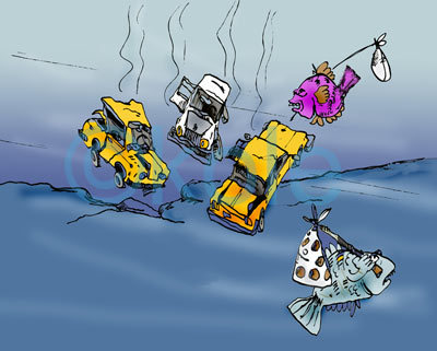 Cartoon: car wreck (medium) by kolle tagged car,fish