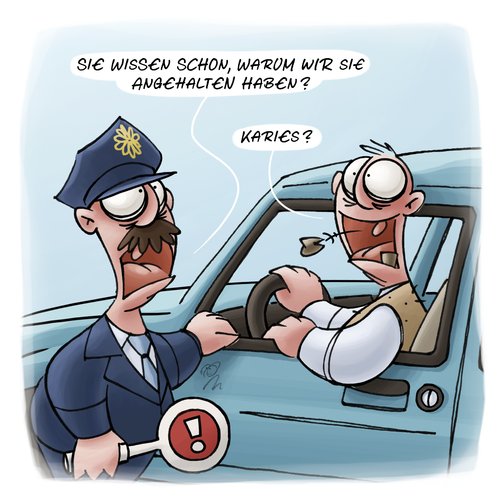 Cartoon: LACHHAFT Cartoon No. 164 (medium) by LACHHAFT tagged polizeikontrolle,polizist,vergehen,anhalten,alkohol,betrunken,auto,fahren,karies,zahnarzt,absurd,polizist,polizeikontrolle,alkohol,betrunken,auto,fahren,zahnarzt,absurd,karies