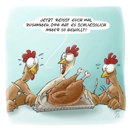 Cartoon: LACHHAFT Cartoon No. 311 (medium) by LACHHAFT tagged cartoon,comic,lachhaft,michael,mantel,witze,hähnchen,huhn,han,gegrillt,makaber,essen,imbiss,schwarzer,humor,opa,großvater,hähnchen,huhn,gegrillt,essen,imbiss,tiere,tier,vogel,vögel,hahn,hühner,fest,nahrung