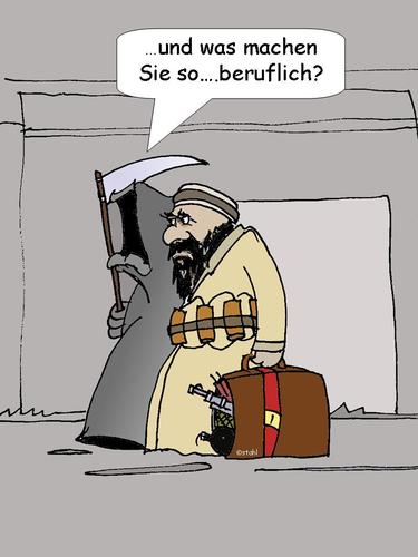 Cartoon: Berufe 1 (medium) by wista tagged koffer,sprengstoff,terrorist,tod,job,beruf,anschlag,sprengstoffgürtel,sense,terrorismus,kofferbombe