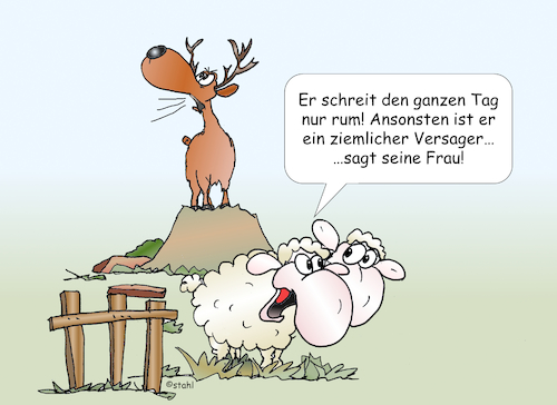 Cartoon: Macho (medium) by wista tagged hirsch,röhrend,röhrender,lärm,macho,mann,frau,alpha,tier,typisch,angeber,protz,protzen,muskelprotz,vorlaut,bestimmer,männlich,männlichkeit,eitel,eitelkeit,chauvi,pascha,sexprotz,tyrann,macker,obermacker