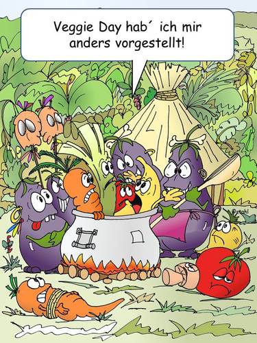 Cartoon: Veggie Day (medium) by wista tagged veggie,day,vegetarisch,vegetarier,vegan,veganer,obst,gemüse,früchte,frucht,essen,trinken,restaurant,tomate,aubergine,möhre,pilze,dschungel,kannibalen,gesund,ernährung