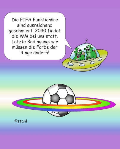 Cartoon: WM auf dem Saturn (medium) by wista tagged fußball,weltmeisterschaft,fußballweltmeisterschaft,vergabe,2030,saturn,alien,fifa,bestechung,regenbogenbinde,auflagen,stadion,spieler,funktionäre,bestechungsgeld,geld,skandal,europa,asien,afrika,amerika,verband,verbände,bewerbung,regenbogen,färben,fußball,weltmeisterschaft,fußballweltmeisterschaft,vergabe,2030,saturn,alien,fifa,bestechung,regenbogenbinde,auflagen,stadion,spieler,funktionäre,bestechungsgeld,geld,skandal,europa,asien,afrika,amerika,verband,verbände,bewerbung,regenbogen,färben