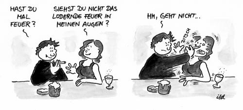 Cartoon: Hast Du mal Feuer (medium) by achecht tagged rauchen,raucher,zigarette,zigaretten,anzünden,feuer,geben,auge,anmache,anmachen,ansprechen,rauchen,raucher,zigarette,zigaretten,feuer,auge,anmache,ansprechen,flirt,flirten,kennenlernen,bar,kneipe,raucherkneipe,raucherzone,feuerzeug,anzünden,balzverhalten,idiot,blöd,körperverletzung,verletzung,gewalt,missverständnis,gesundheit